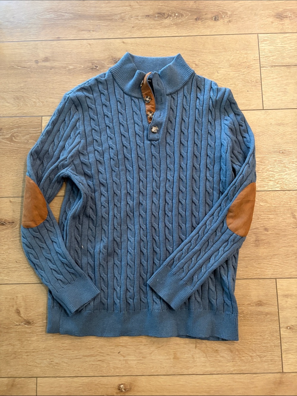 Men's Cable-Knit Zip Mock-Neck Sweater in Dusty Blue with Tan Elbow Patches